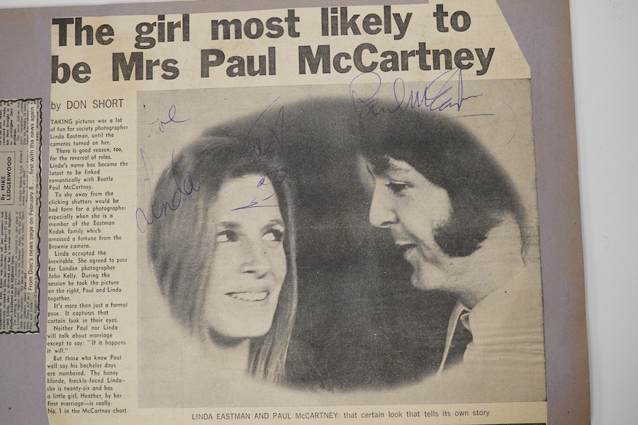 Paul and Linda McCartney autographs, scrapbooks, books, etc, Autographs collected by the vendor in the mid 1970's while Wings were rehearsing for a concert in Eastbourne, signed in ballpoint pen on a newspaper cutting re